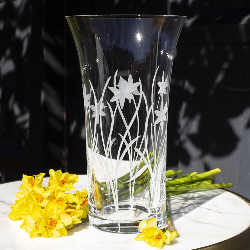 Royal Scot Crystal Daffodils Large Flared Vase 10.5"