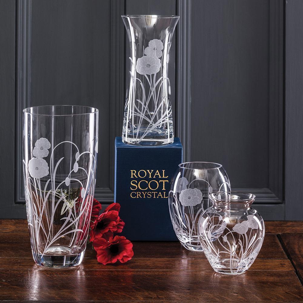 Royal Scot Crystal Poppy Field Small Barrel Vase 6"