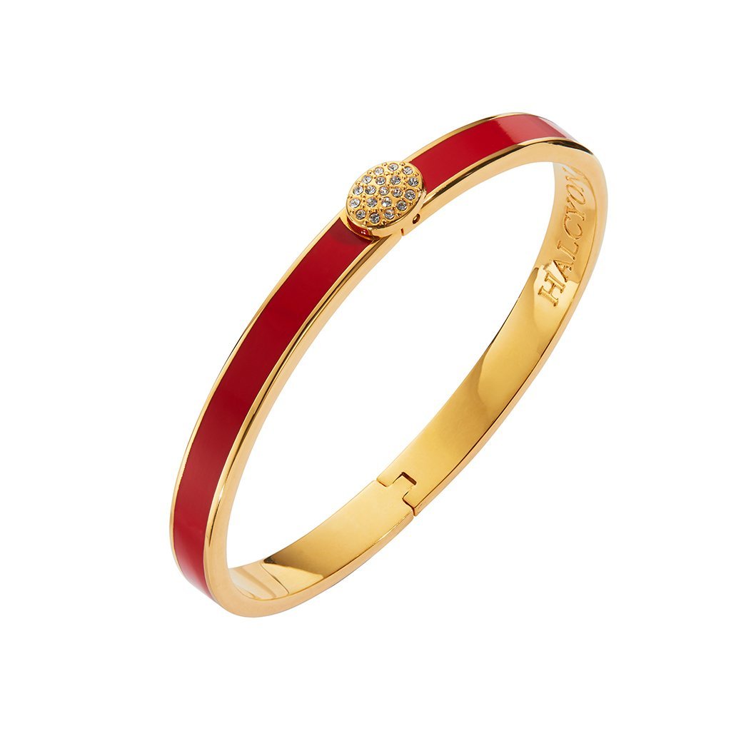 Halcyon Days Skinny Plain Pave Button Red Gold Hinged Bangle-Jewellery-Goviers