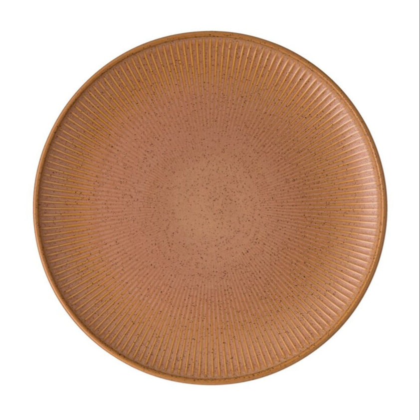 Brown ceramic plate with textured surface on a white background
