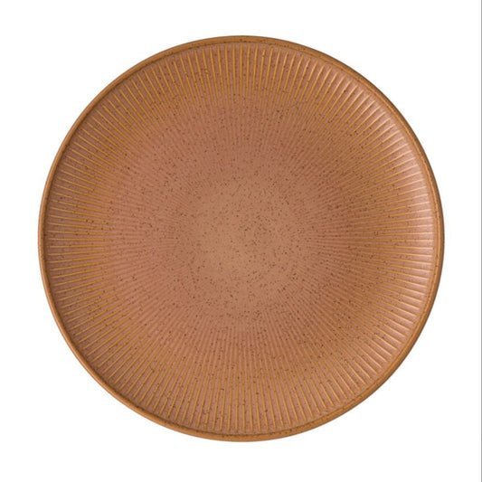 Brown ceramic plate with textured surface on a white background