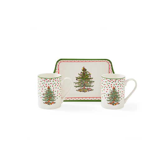 Spode Christmas Tree Polka Dot Three Piece Mug & Tray Set