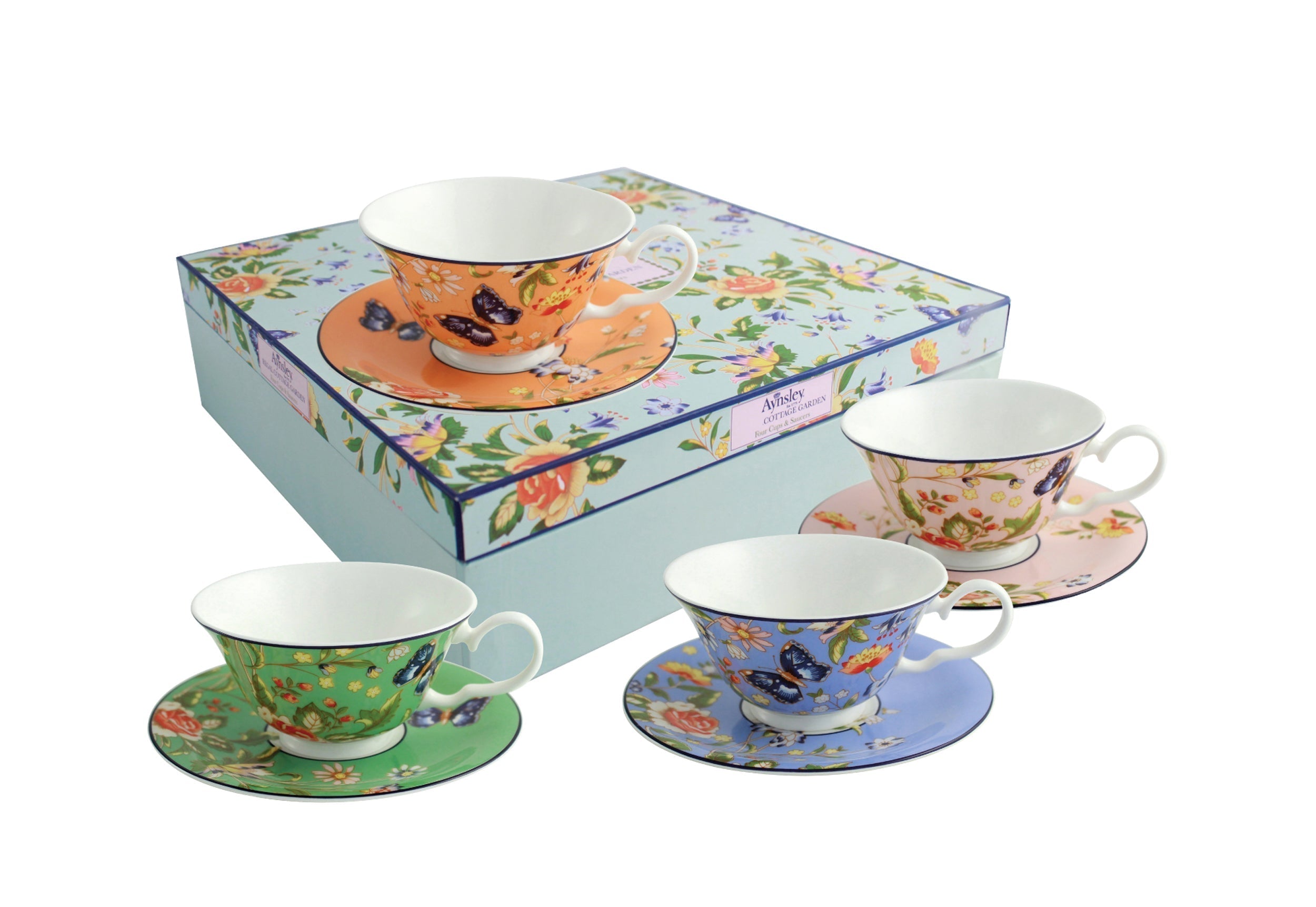 Aynsley Cottage Garden Windsor Teacup and Saucer Set of 4