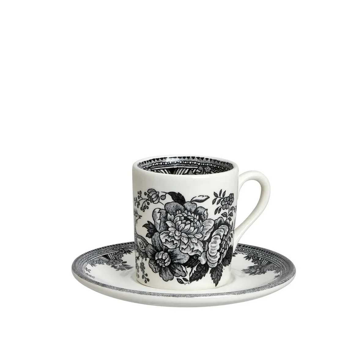 Burleigh Black & White Asiatic Pheasants Espresso Cup & Saucer-Goviers