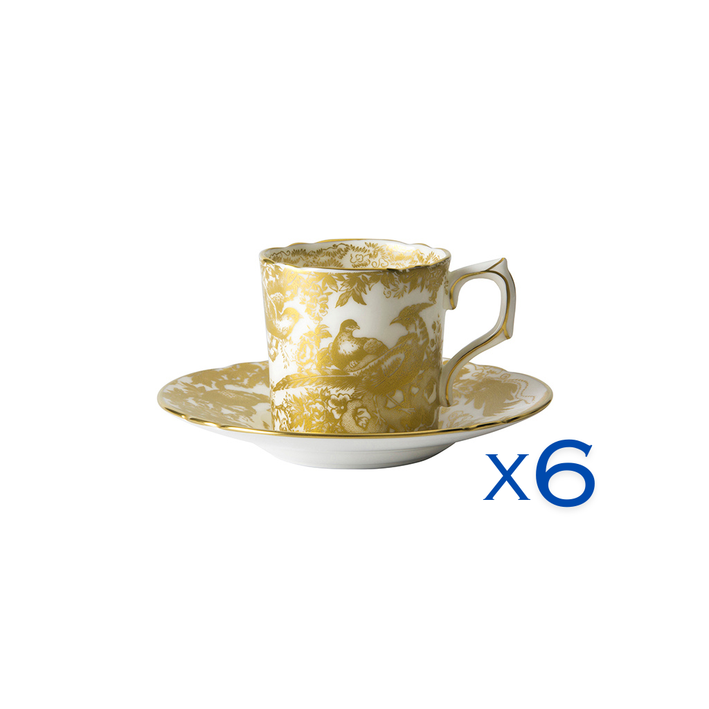 Royal Crown Derby Aves Gold Coffee Cup and Saucer Set of 6