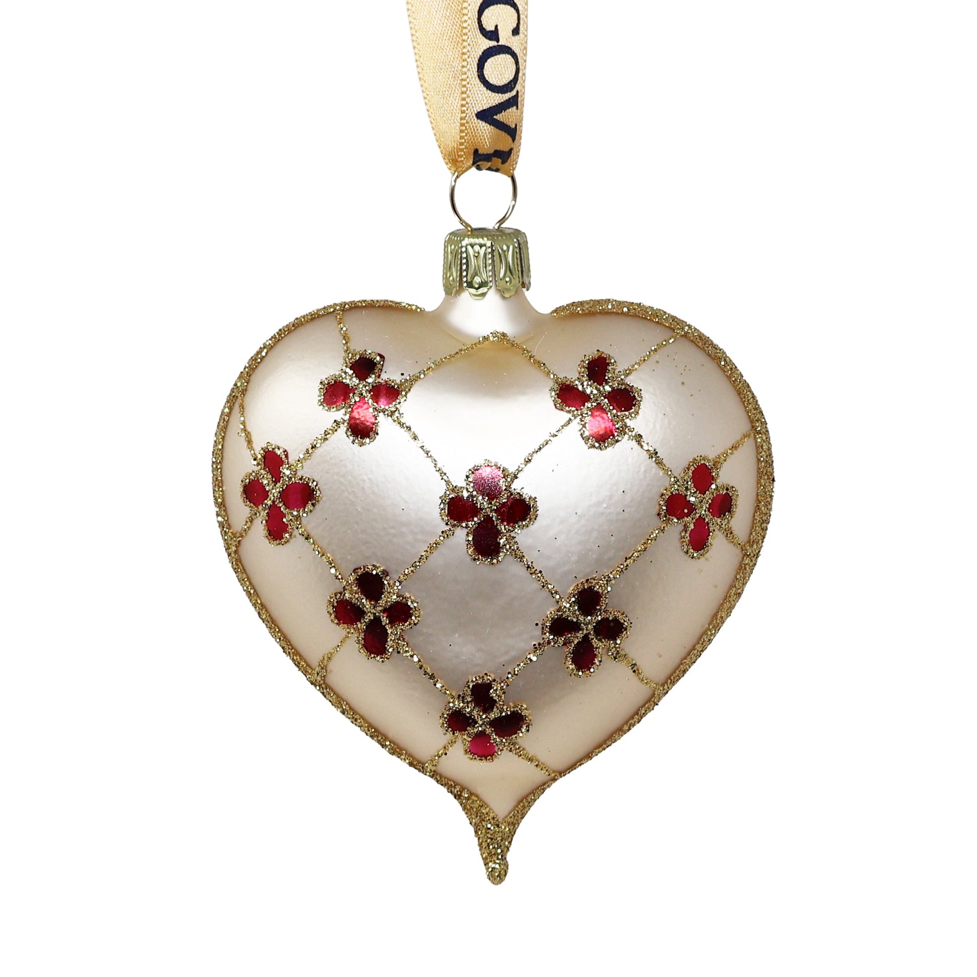 Hand Blown Glass Cream Heart Ornament Set of 6-Goviers
