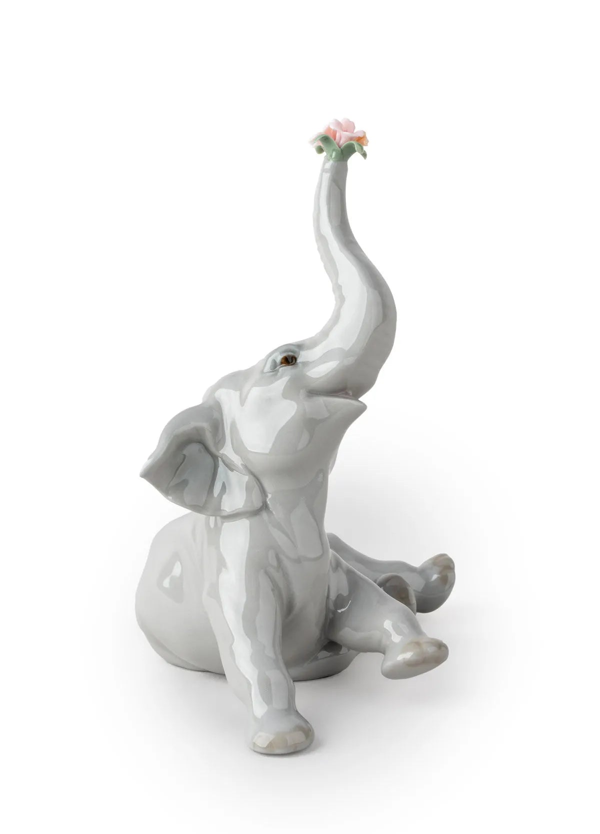 Lladro Baby Elephant with Pink Flower Figurine