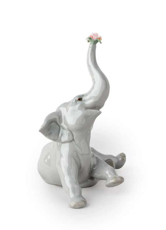 Lladro Baby Elephant with Pink Flower Figurine-Goviers