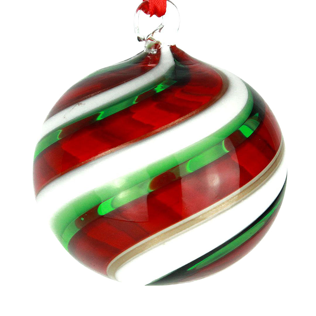 Murano Glass Christmas Ball Green/Red Spiral Fantasy