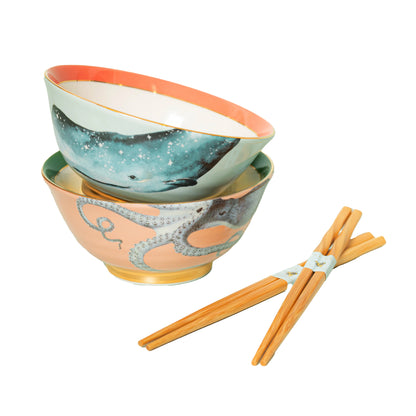 Yvonne Ellen Under The Sea Rice Bowl and Chopsticks Set of 2
