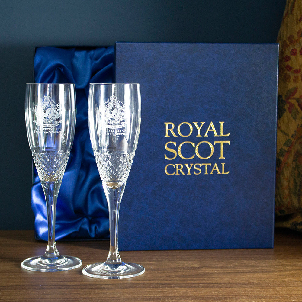 Royal Scot Crystal A Lifetime of Devoted Service Pair Champagne Flutes