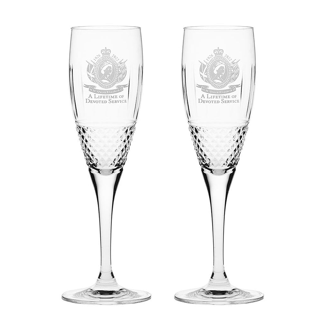 Royal Scot Crystal A Lifetime of Devoted Service Pair Champagne Flutes