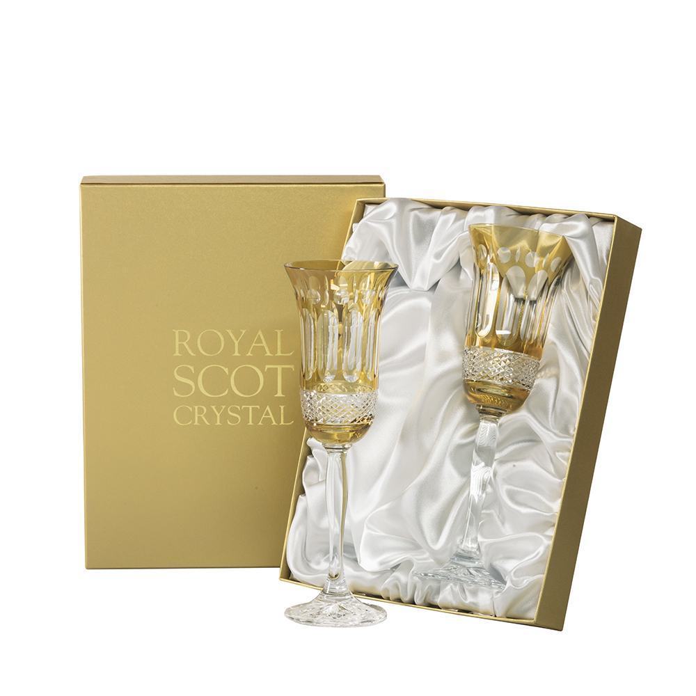 Royal Scot Crystal Belgravia Gold Amber Champagne Flutes Set of 2