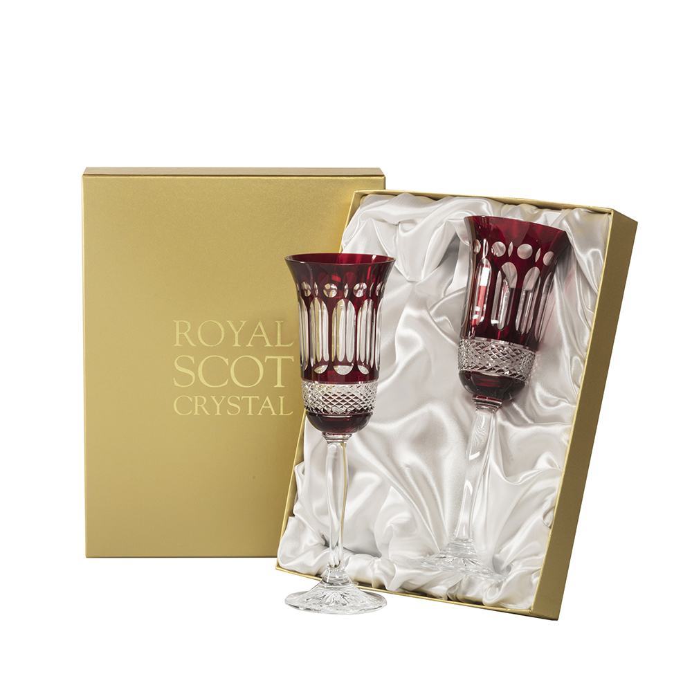 Royal Scot Crystal Belgravia Ruby Red Set of 2 Champagne Glasses