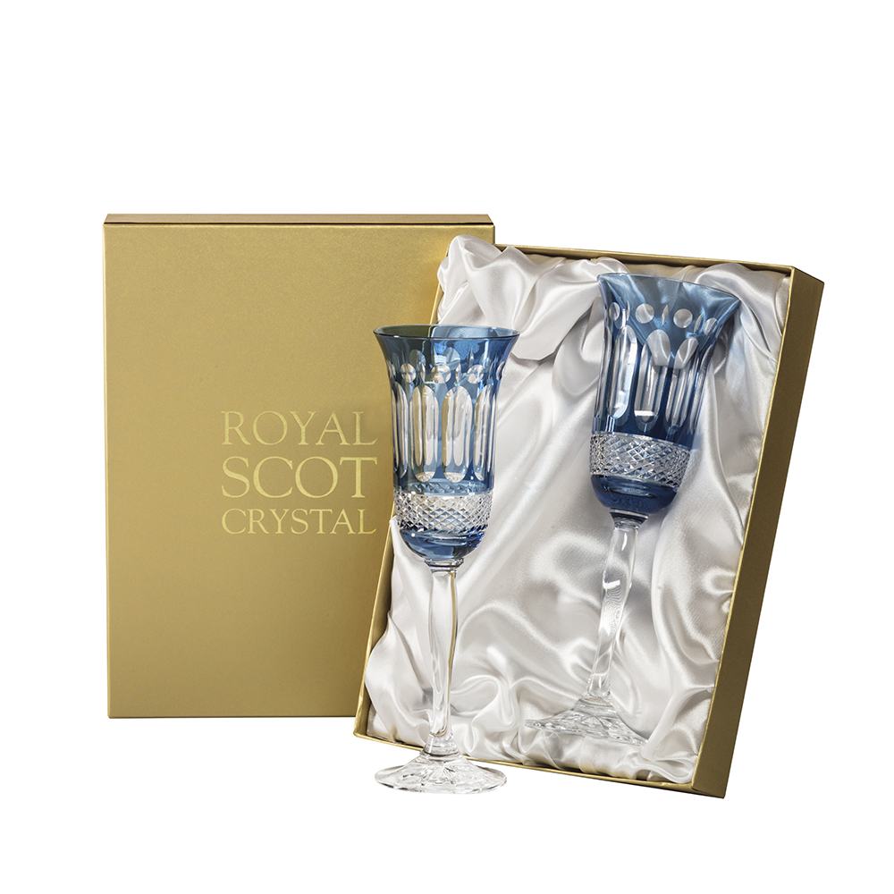 Royal Scot Crystal Belgravia Sky Blue Champagne Flutes Set of 2