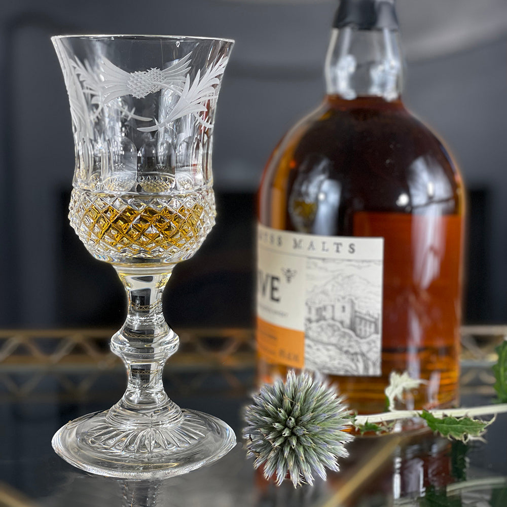 Royal Scot Crystal Flower of Scotland Footed Whisky Glass (Thistle Shape)