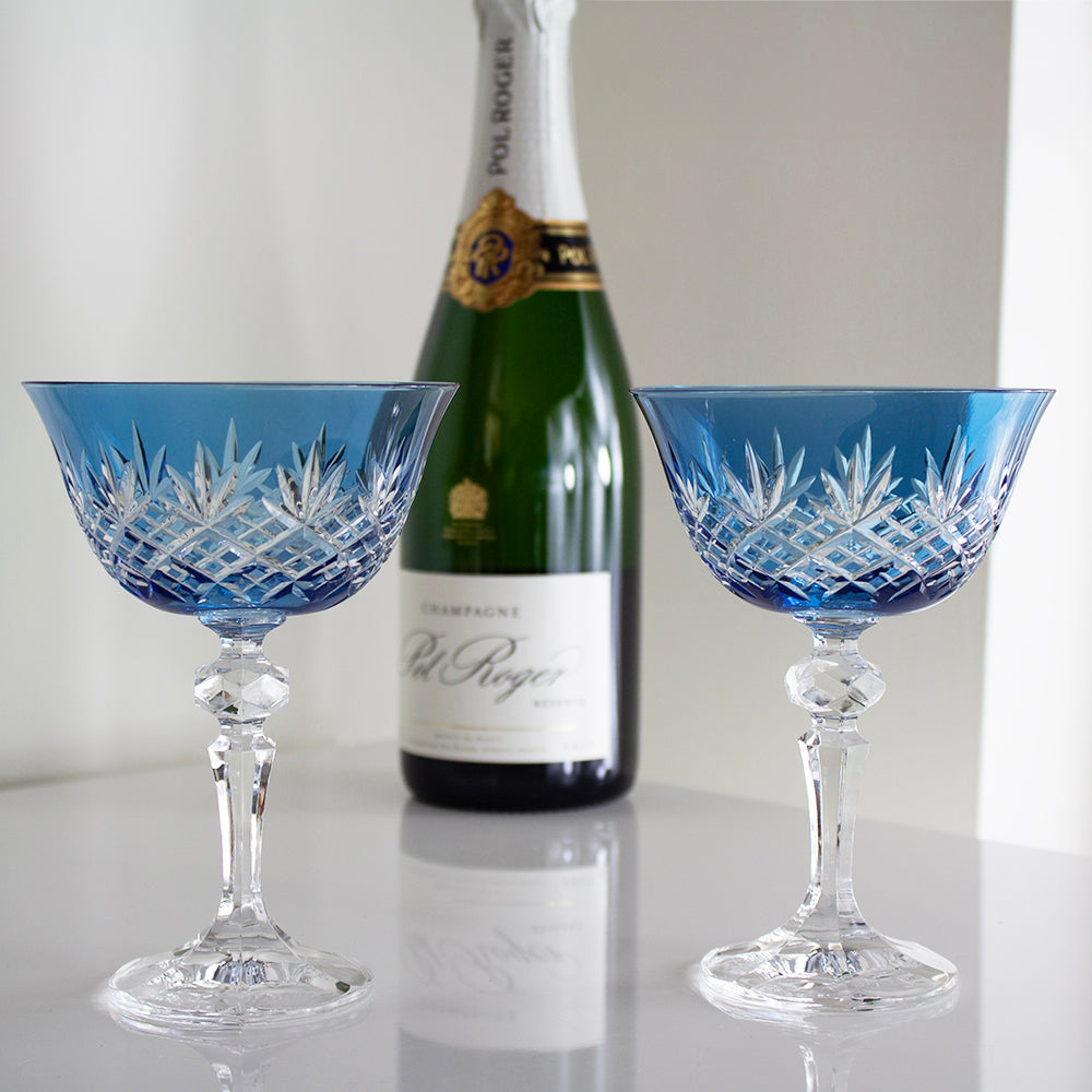 Royal Scot Crystal Edinburgh Sky Blue Champagne Saucer Coupe Glass Set of 2