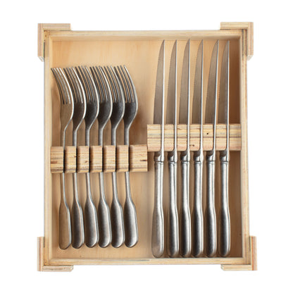 Charingworth Fiddle Vintage Satin Wooden Box Steak Set 12 Piece