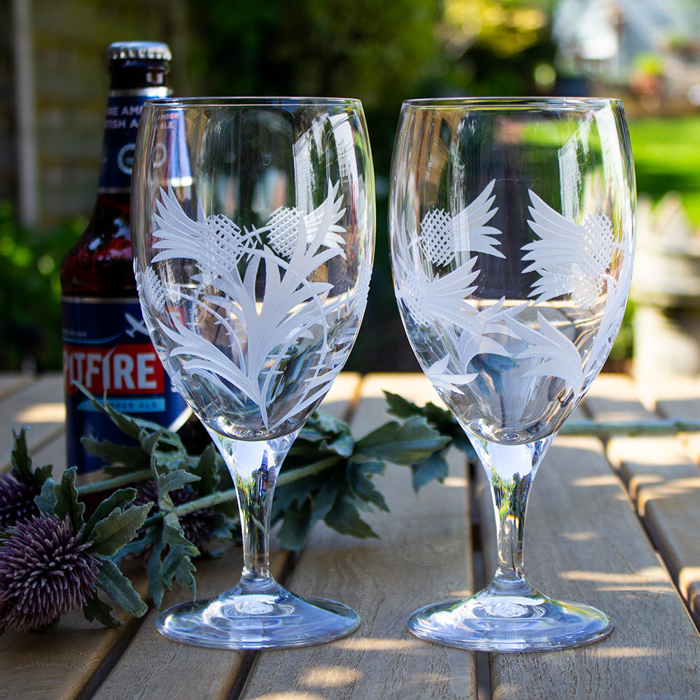 Royal Scot Crystal Flower of Scotland  Stemmed Beer Glass Gift Boxed Pair