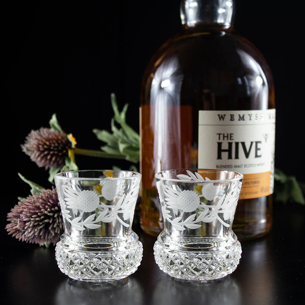 Royal Scot Crystal Flower of Scotland Tot Glass (Thistle Shape) Set of 2