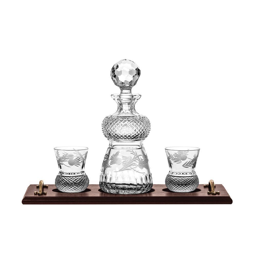 Royal Scot Crystal Flower of Scotland Whisky Tray set - Decanter & 2 Crystal Whisky Tumblers (Thistle Shape)