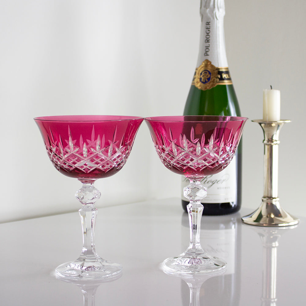 Royal Scot Crystal London Cranberry Champagne Saucer Coupe Glass Set of 2