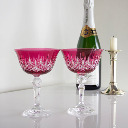 Royal Scot Crystal London Cranberry Champagne Saucer Coupe Glass Set of 2