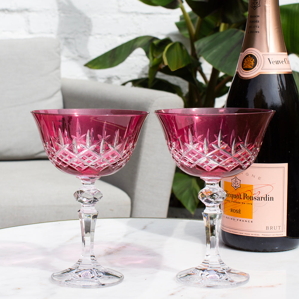 Royal Scot Crystal London Cranberry Champagne Saucer Coupe Glass Set of 2