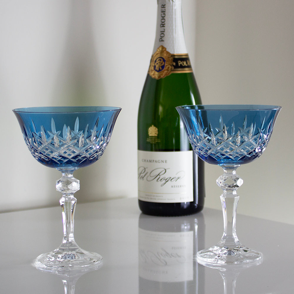 Royal Scot Crystal London Sky Blue Champagne Saucer Coupe Glass Set of 2