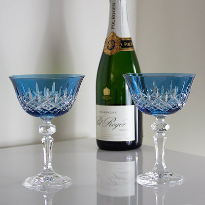 Royal Scot Crystal London Sky Blue Champagne Saucer Coupe Glass Set of 2