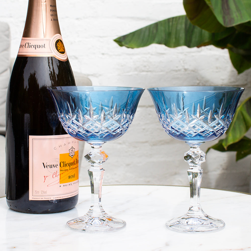 Royal Scot Crystal London Sky Blue Champagne Saucer Coupe Glass Set of 2