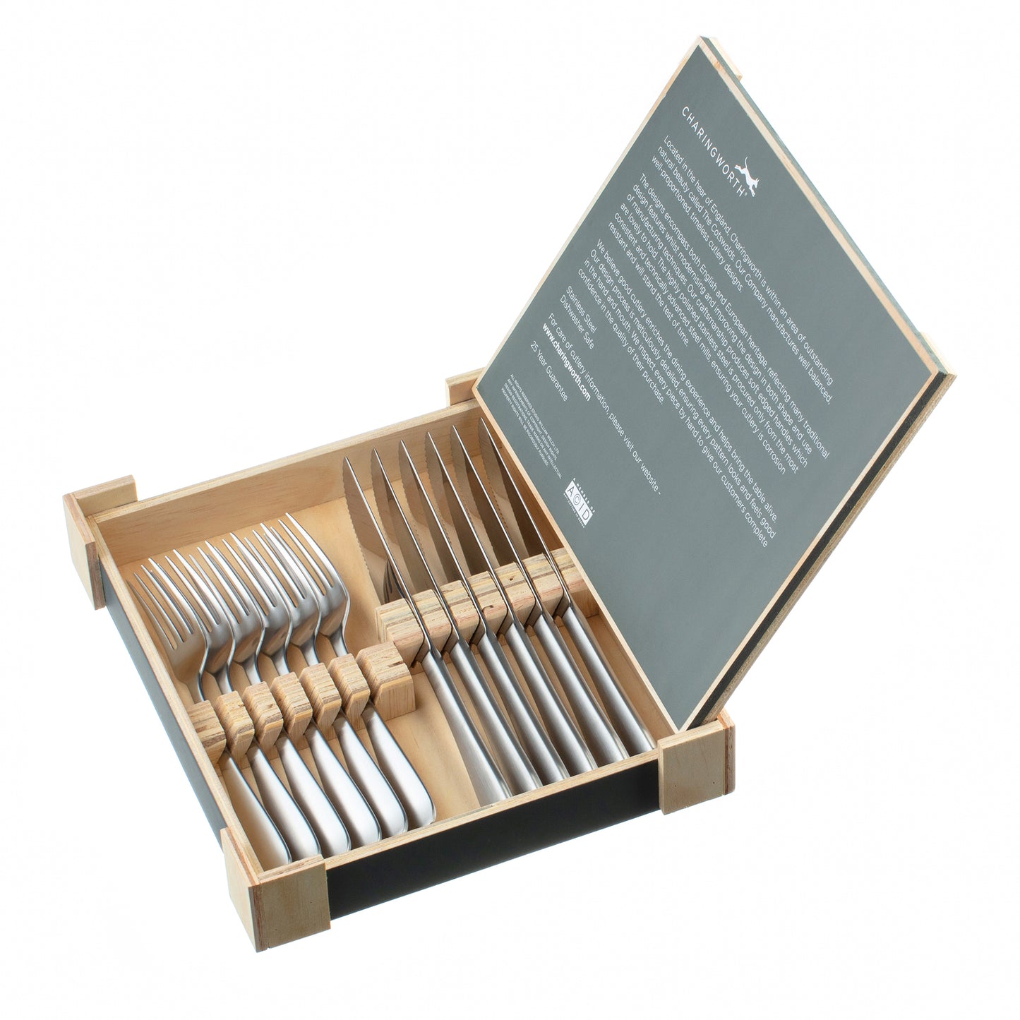Charingworth Mogano Satin Wooden Box Steak Set 12 Piece